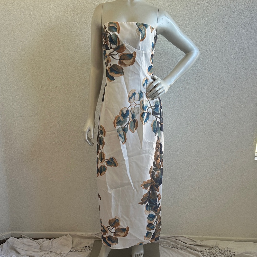 Commense Strapless Cream Dress with Blue and Brown Floral Print - Picture 4 of 8